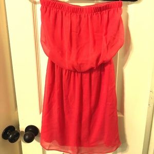 Express Coral Strapless Crinkle Chiffon Dress